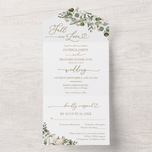 Herfst in liefde groen pompoen bruiloft all in one uitnodiging (Binnen)