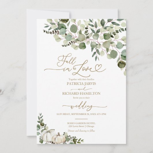 Herfst in liefde groen pompoen bruiloft kaart (Voorkant)