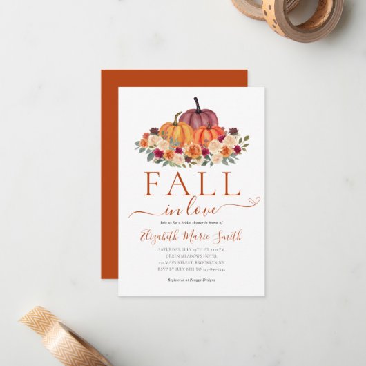 Herfst in Liefde Hart Bloemen Pompoen Vrijgezellen Notitiekaartje (Voorkant / Achterkant in situ)