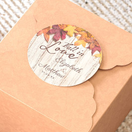 Herfst in liefde herfst bladeren rustieke hout bru ronde sticker