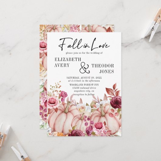 Herfst in liefde herfst pompoen bloemenbruiloft kaart (Voorkant / Achterkant in situ)