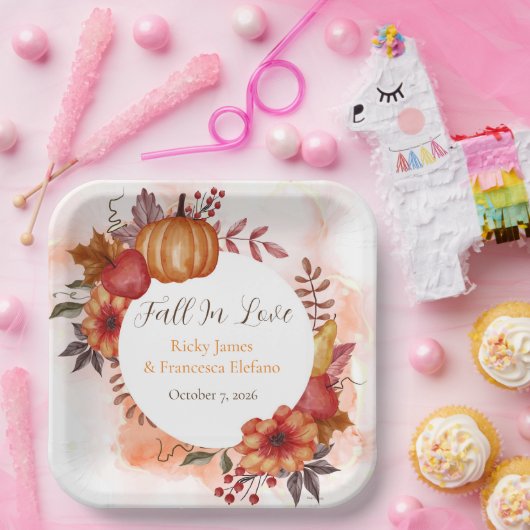 Herfst in liefde herfst pompoen bruiloft Verloving Papieren Bordje (Feest)
