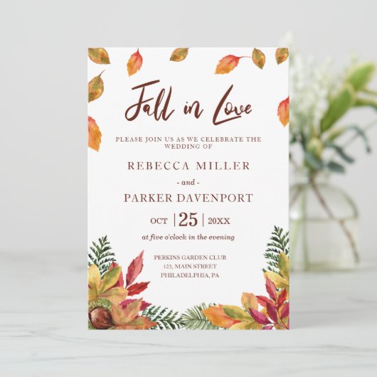 Herfst in liefde herfst verlaat bruiloft uitnodigi kaart (Staand voorkant)