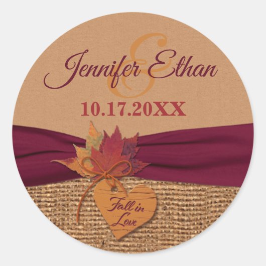 Herfst in liefde, herfstbladeren, jute bruiloft ronde sticker (Voorkant)