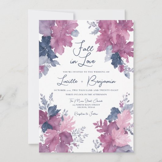 Herfst in liefde herfstbladeren marineblauw mauve  kaart (Voorkant)