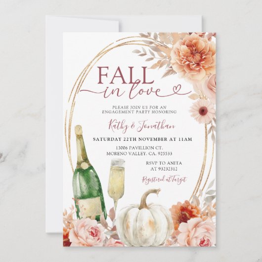 Herfst in Liefde Ivoor Bloemen Pompoen Verloving Kaart (Voorkant)