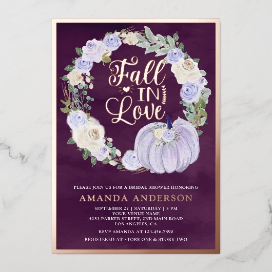 Herfst in Liefde Lavendel Pumpkin Plum Vrijgezelle Folie Uitnodiging (Voorkant)
