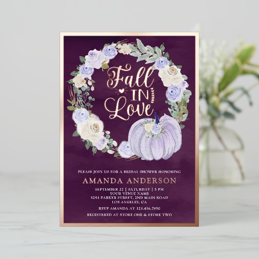 Herfst in Liefde Lavendel Pumpkin Plum Vrijgezelle Folie Uitnodiging (Staand Voorkant)