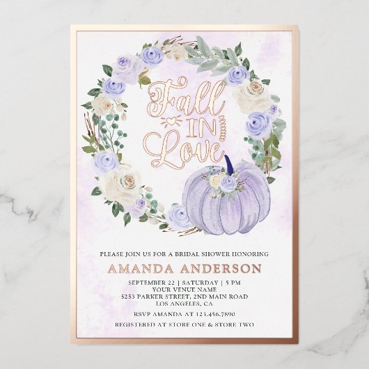 Herfst in Liefde Lavendel Rozen Pompoen Vrijgezell Folie Uitnodiging (Voorkant)