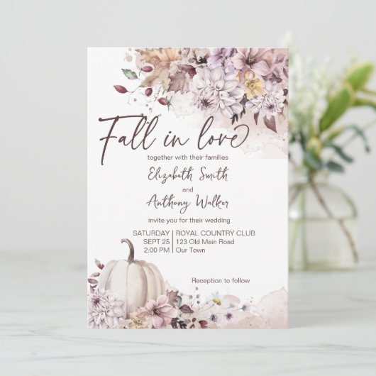 Herfst in liefde loof pompoen bruiloft kaart (Staand voorkant)