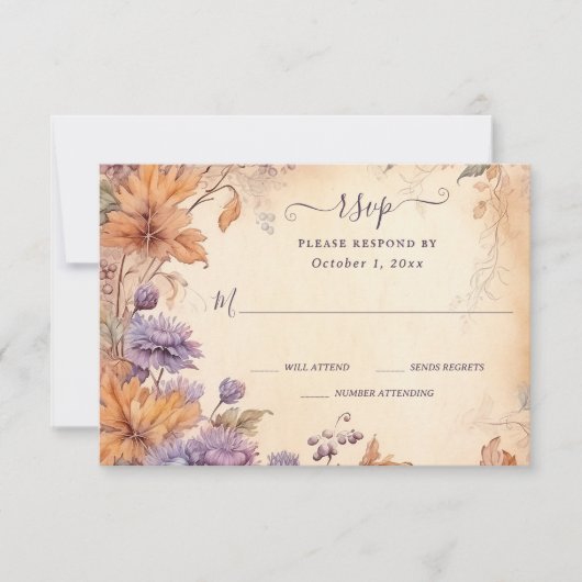 Herfst in liefde mooie herfstbloemen herfstbruilof RSVP kaartje (Voorkant)