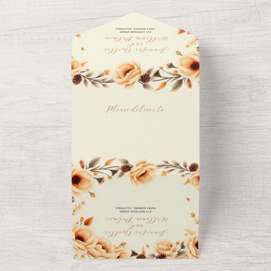 Herfst in liefde perzik bloemenborder dennenappel  all in one uitnodiging (Buitenkant)