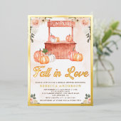 Herfst in liefde perzik pompoen markt Vrijgezellen Folie Uitnodiging (Staand Voorkant)