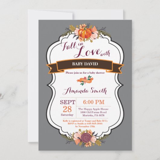 Herfst in Liefde Pompoen Baby shower Uitnodiging G (Voorkant)