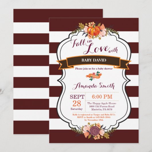 Herfst in Liefde Pompoen Baby shower Uitnodiging K (Voorkant / Achterkant)