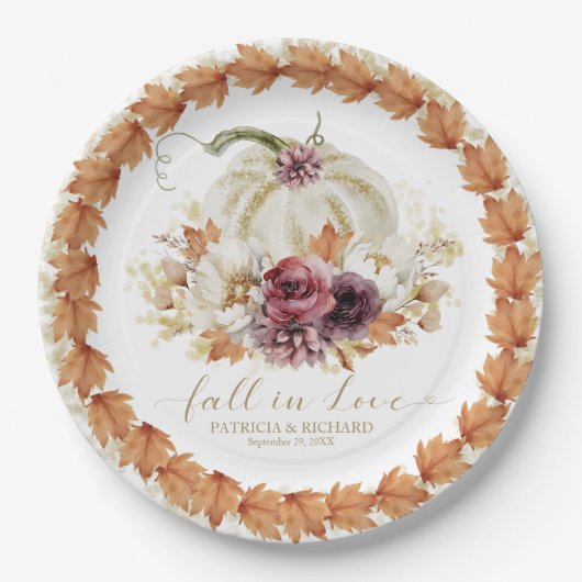 Herfst in Liefde Pompoen Bloemen Huwelijk Papieren Bordje (Voorkant)