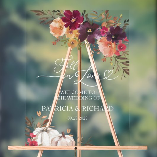 Herfst in Liefde Pompoen Bloemen Huwelijk Welkom Acryl Bord (Neutraal)