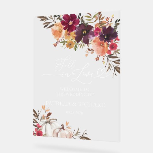 Herfst in Liefde Pompoen Bloemen Huwelijk Welkom Acryl Bord (Hoek)