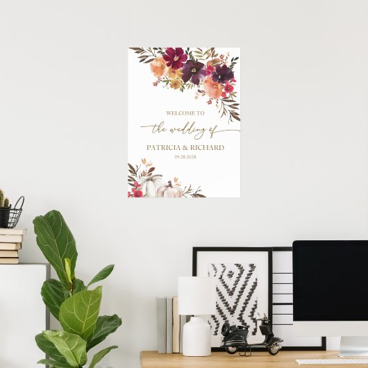 Herfst in Liefde Pompoen Bloemen Huwelijk Welkom Poster (Thuiskantoor)