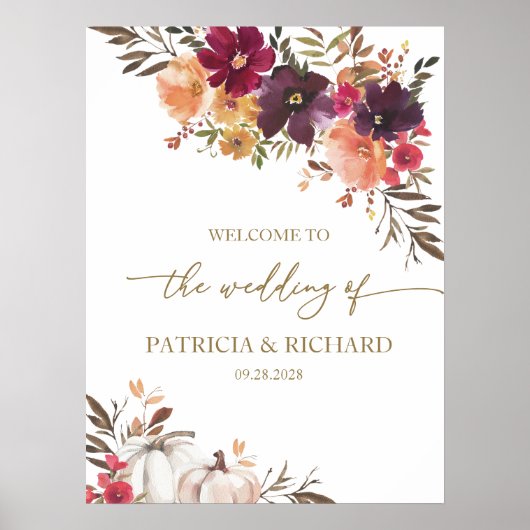 Herfst in Liefde Pompoen Bloemen Huwelijk Welkom Poster (Voorkant)