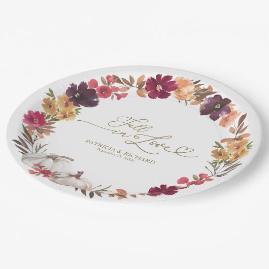 Herfst in Liefde Pompoen Bourgondië Bloemen Huweli Papieren Bordje (Gekanteld)