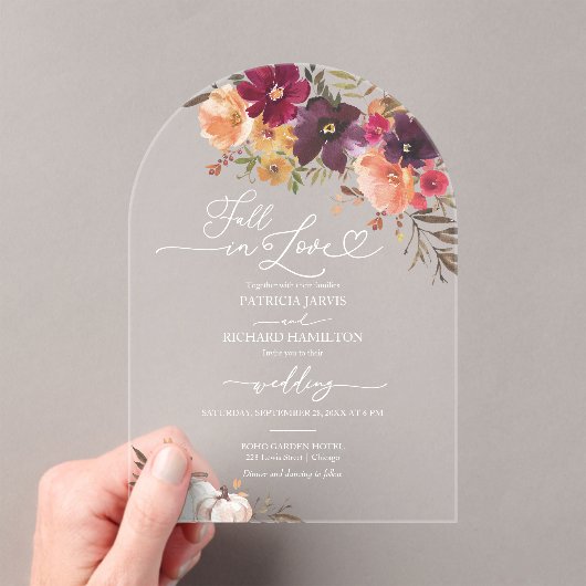 Herfst in liefde pompoen bruiloft Bourgondië Acryl Uitnodigingen (Insitu (Draagbaar))