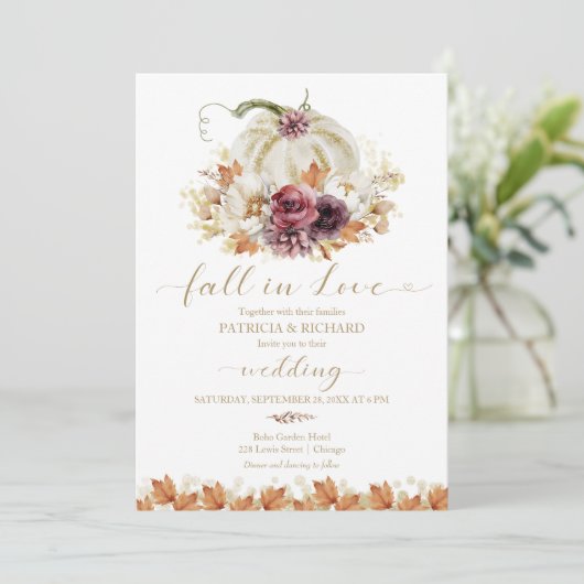 Herfst in liefde pompoen bruiloft kaart (Staand voorkant)