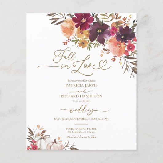 Herfst in Liefde Pompoen Budget Huwelijksuitnodigi Flyer (Voorkant)