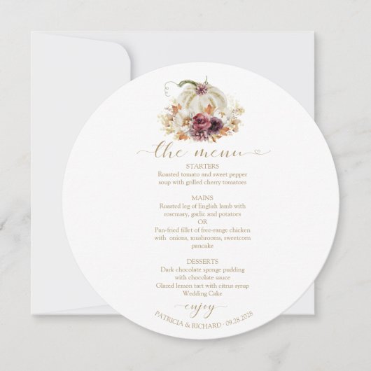 Herfst in Liefde Pompoen Cirkel Trouwmenu Kaart (Voorkant)