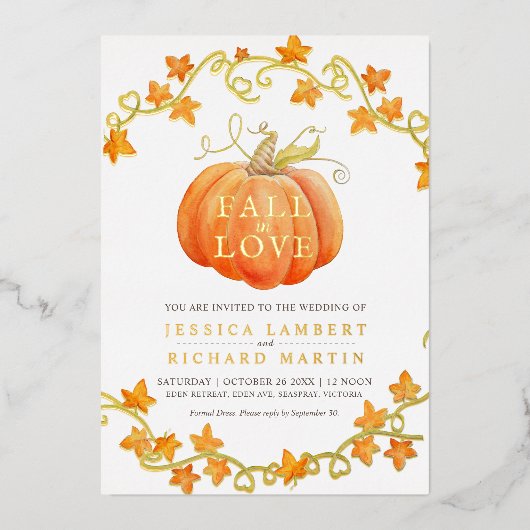 Herfst in Liefde pompoen en verlaat waterverf brui Folie Uitnodiging (Voorkant)