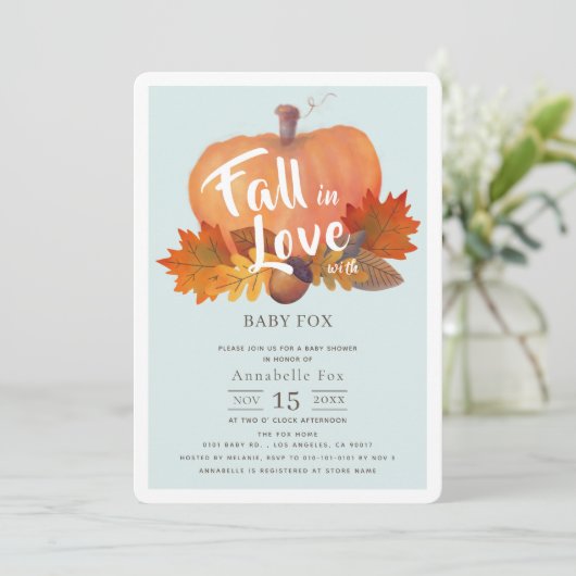 Herfst in Liefde Pompoen Fall Blauw Baby shower Kaart (Staand voorkant)
