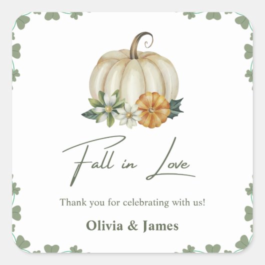Herfst in Liefde Pompoen Greenery Sage Green Weddi Vierkante Sticker (Voorkant)