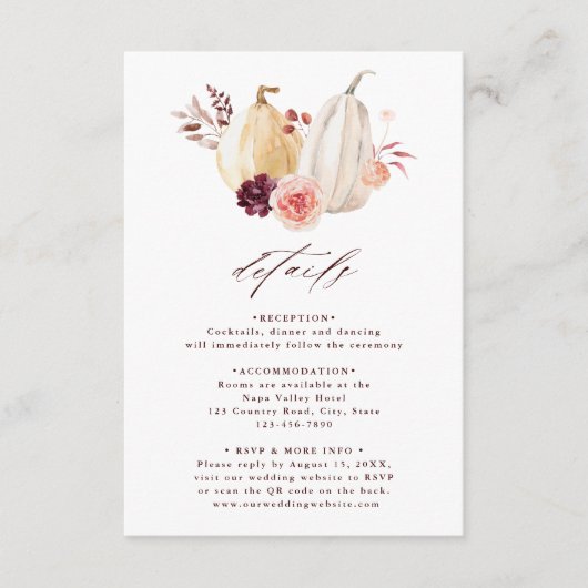 Herfst in Liefde Pompoen Herfst Trouwdetails Informatiekaartje (Voorkant)