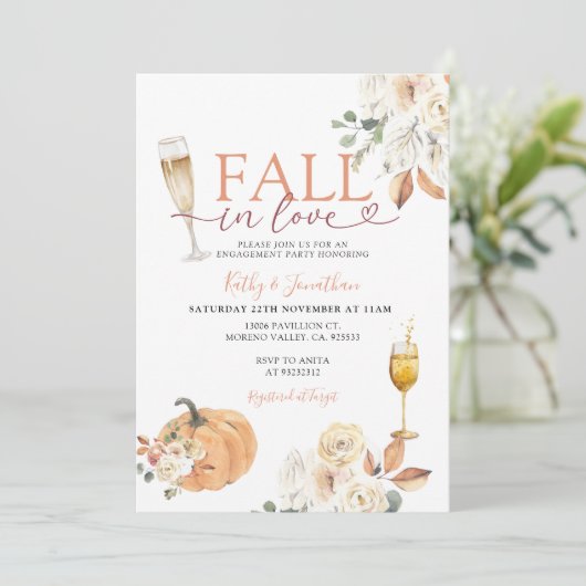 Herfst in Liefde Pompoen Ivoor Bloemen Engagement  Kaart (Staand voorkant)