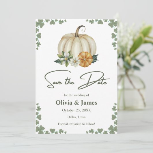 Herfst in Liefde Pompoen Sage Groene Foto Wedding Save The Date (Staand voorkant)