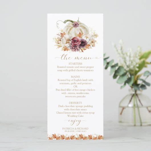 Herfst in Liefde Pompoen Wedding Menu Kaarten (Staand voorkant)