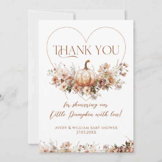 Herfst in liefde Pompoen Wildflower hart Baby show Bedankkaart (Voorkant)