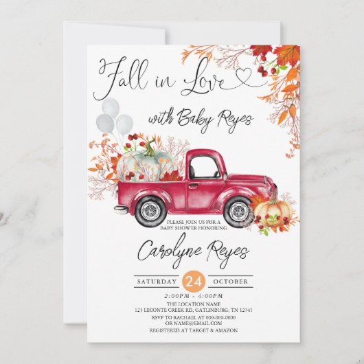 Herfst in Liefde Rode Pumpkin Pickup Truck Baby sh Kaart (Voorkant)