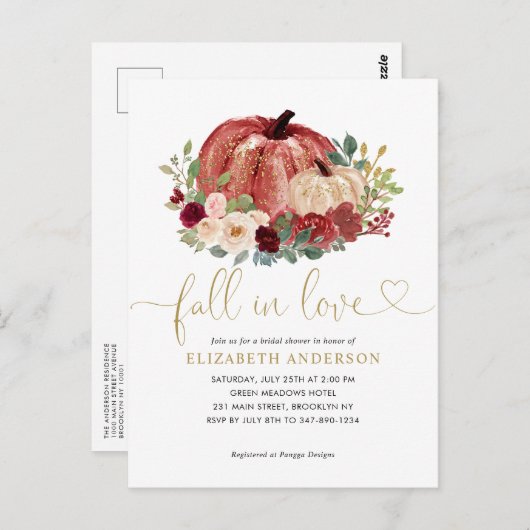 Herfst in Liefde Rood Roze Bloemen Pompoen Vrijgez Briefkaart (Voorkant / Achterkant)