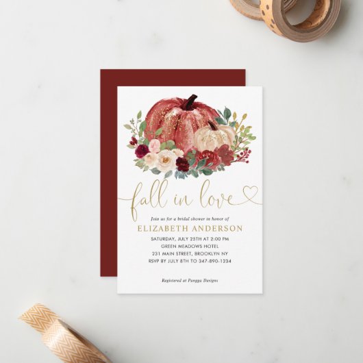 Herfst in Liefde Rood Roze Bloemen Pompoen Vrijgez Notitiekaartje (Voorkant / Achterkant in situ)