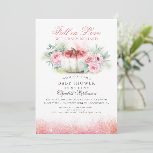 Herfst in Liefde Roos Goud Glitter Pompoen Baby sh Kaart (Staand voorkant)