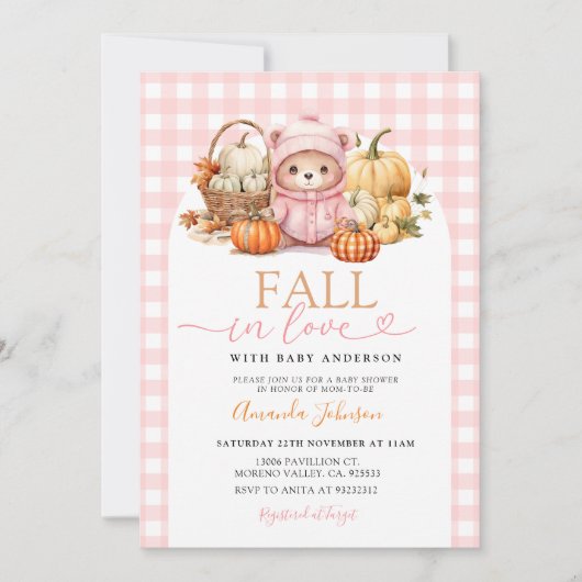 Herfst in Liefde Roze Beer In De Mand Baby shower Kaart (Voorkant)