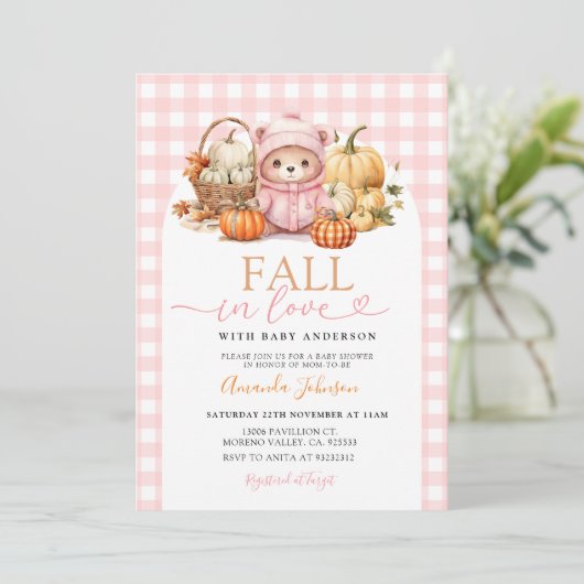 Herfst in Liefde Roze Beer In De Mand Baby shower Kaart (Staand voorkant)