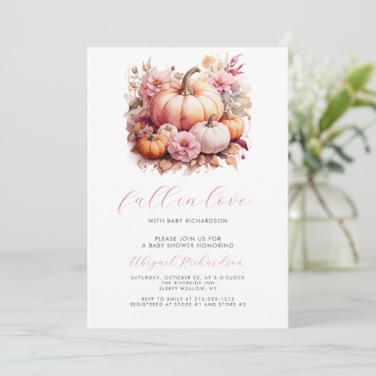 Herfst in Liefde Roze Bloemen Pompoenen Meisje Bab Kaart (Staand voorkant)