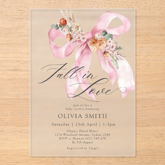 Herfst in Liefde Roze Bow Bloemen Baby shower Acryl Uitnodigingen (Voorkant)