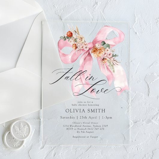 Herfst in Liefde Roze Bow Bloemen Baby shower Acryl Uitnodigingen