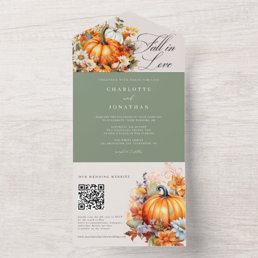 Herfst in liefde rustieke bloemenpompoen herfstbru all in one uitnodiging (Binnen)