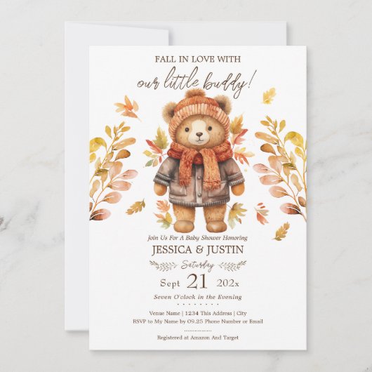 Herfst in liefde Teddy Bear verlaat Baby shower Kaart (Voorkant)