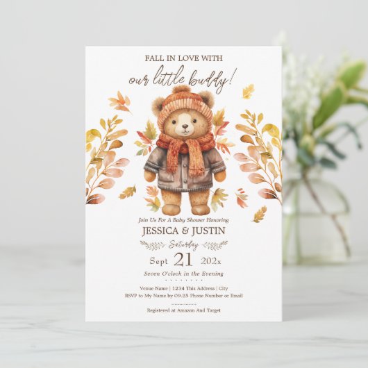 Herfst in liefde Teddy Bear verlaat Baby shower Kaart (Staand voorkant)