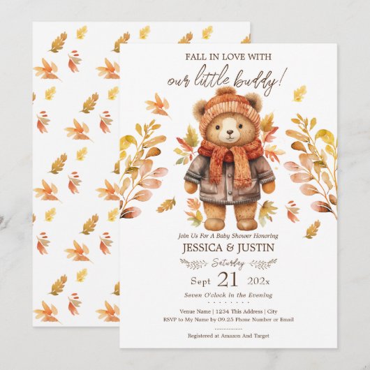 Herfst in liefde Teddy Bear verlaat Baby shower Kaart (Voorkant / Achterkant)